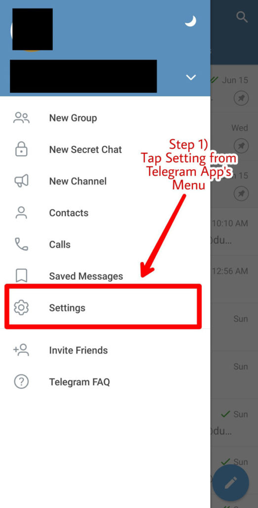 Account Self-destruct | Step 1 | Tap setting from Telegram App's Menu