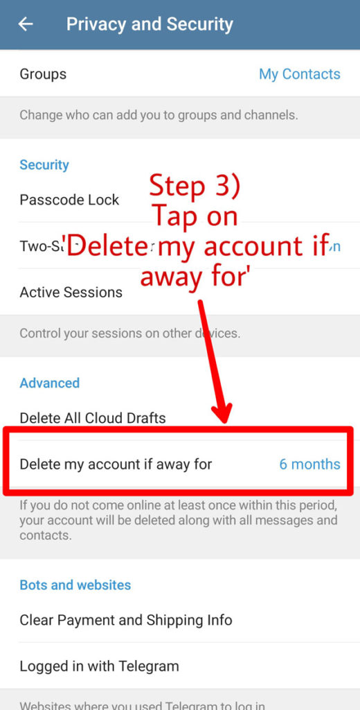 Account Self-destruct period | Step 3 |Tap on 'Delete my account if away for'