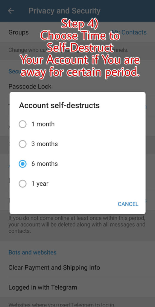 Account Self-destruct | Step 4 | Choose time to Self-destruct your account if you are away for selected period